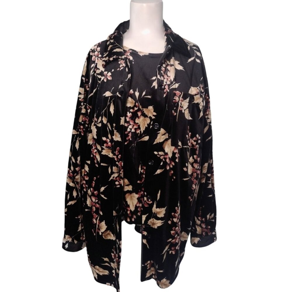 Cindi Bai 90s 2 Piece Velvet Shirt Set Size L Vtg Button Up Business Leaves Fall